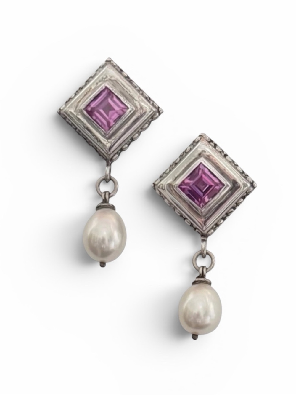 Michael Dawkins .925 Sterling Silver Pink Sapphire and Pearl Dangle Earrings
